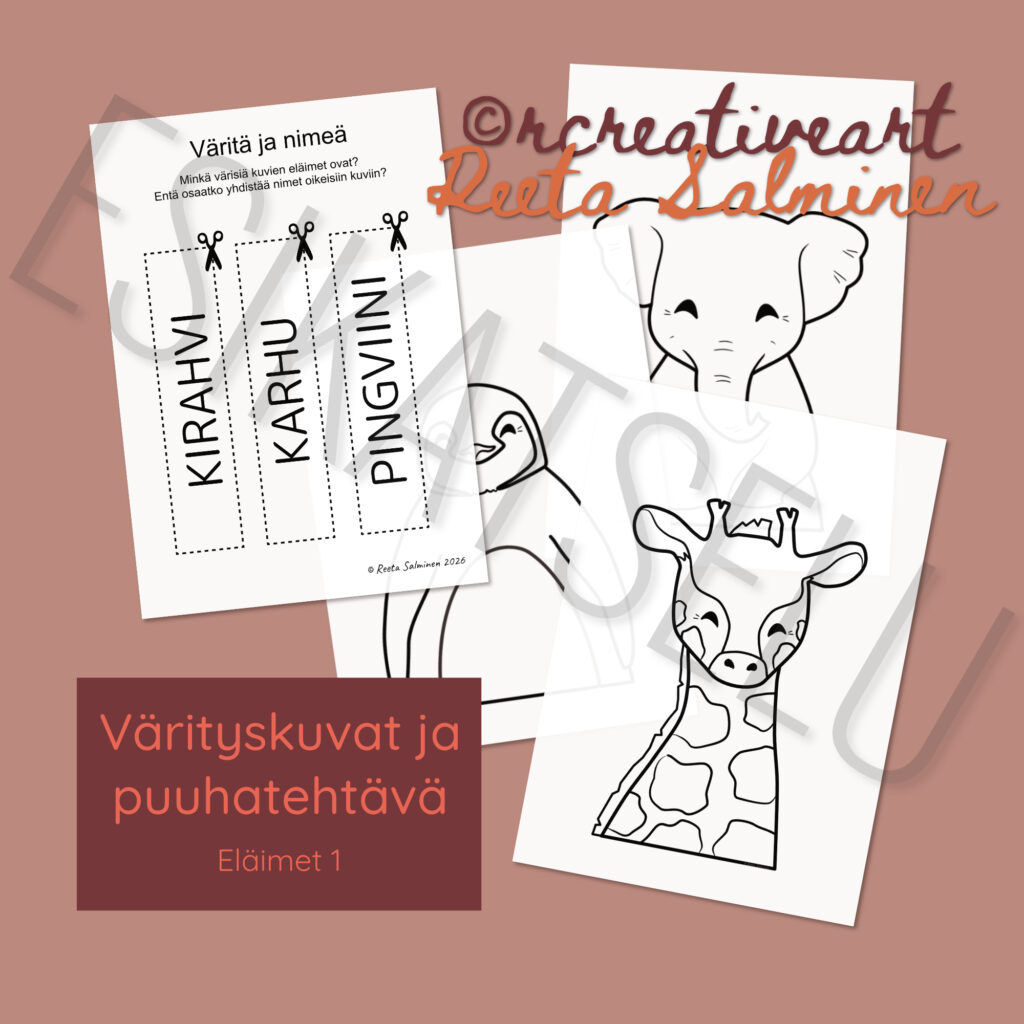 Tulostettavat värityskuvat ja puuhatehtävä - eläimet 1